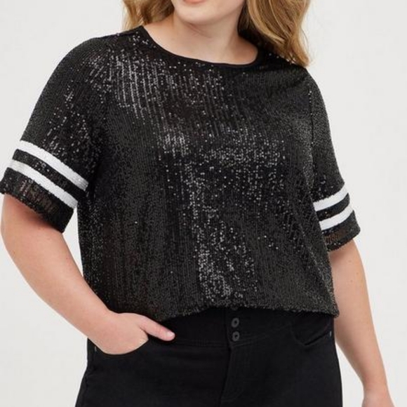 torrid Tops - Torrid 4 Black White Sequin Football Striped Abbey Blouse Sporty Tailgate